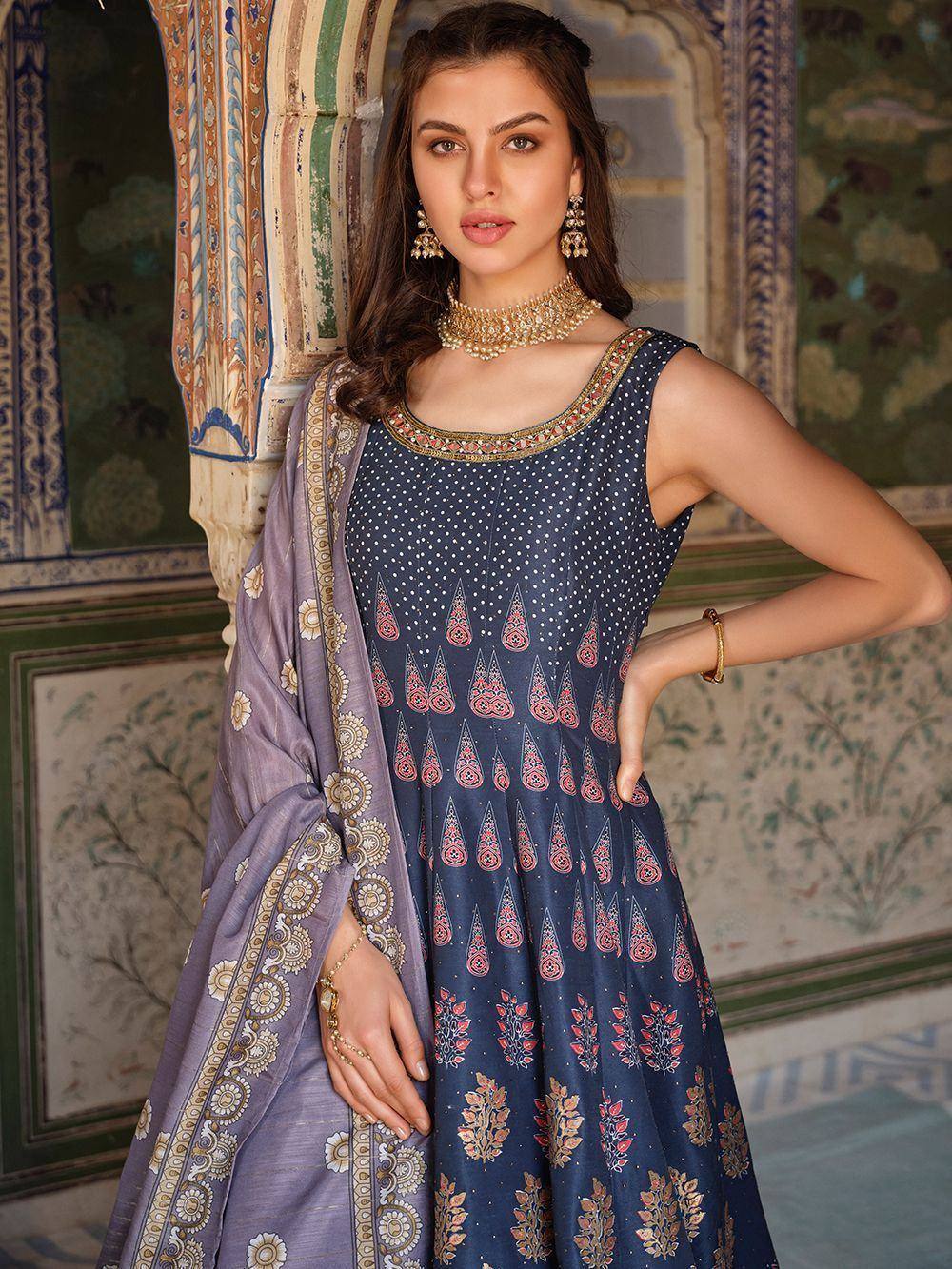 Navy blue printed anarkali with gold embroidery and purple dupatta, Indian ethnic wear