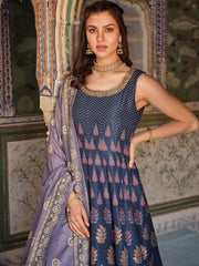 Marvelous Blue Digital Printed Dola Silk Traditional Gown With Dupatta