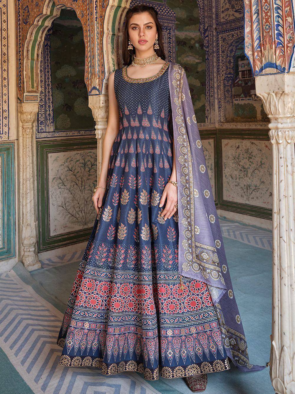 Blue printed anarkali suit with gold embroidery and purple dupatta, Indian ethnic wear