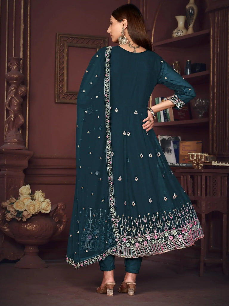 Beautiful Blue Embroidered Georgette Festival Wear Anarkali Suit