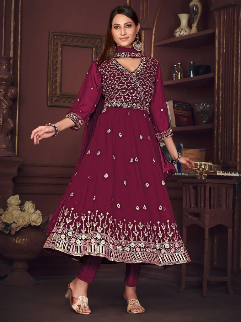Stunning Rani Pink Sequins Georgette Anarkali Suit With Dupatta