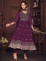 Enchanting Purple Embroidered Georgette Reception Wear Anarkali Suit