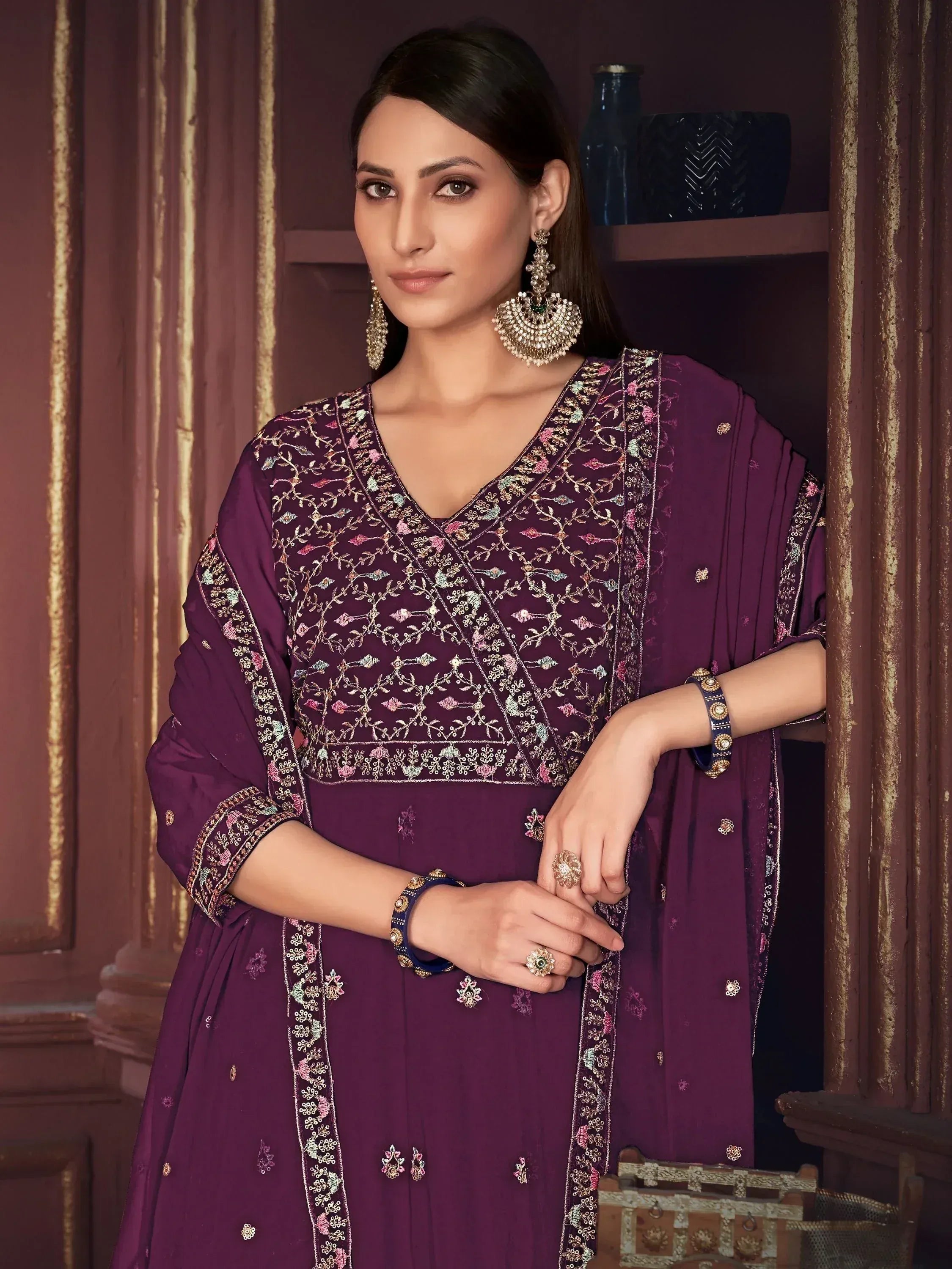 Elegant purple embroidered salwar kameez with floral detailing, perfect for Indian ethnic wear occasions.