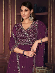 Enchanting Purple Embroidered Georgette Reception Wear Anarkali Suit