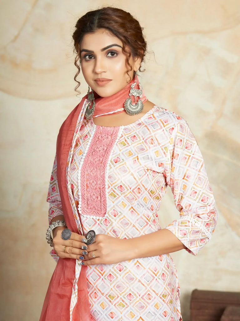 Enchanting White & Peach Digital Printed Cotton Pant Suit With Dupatta