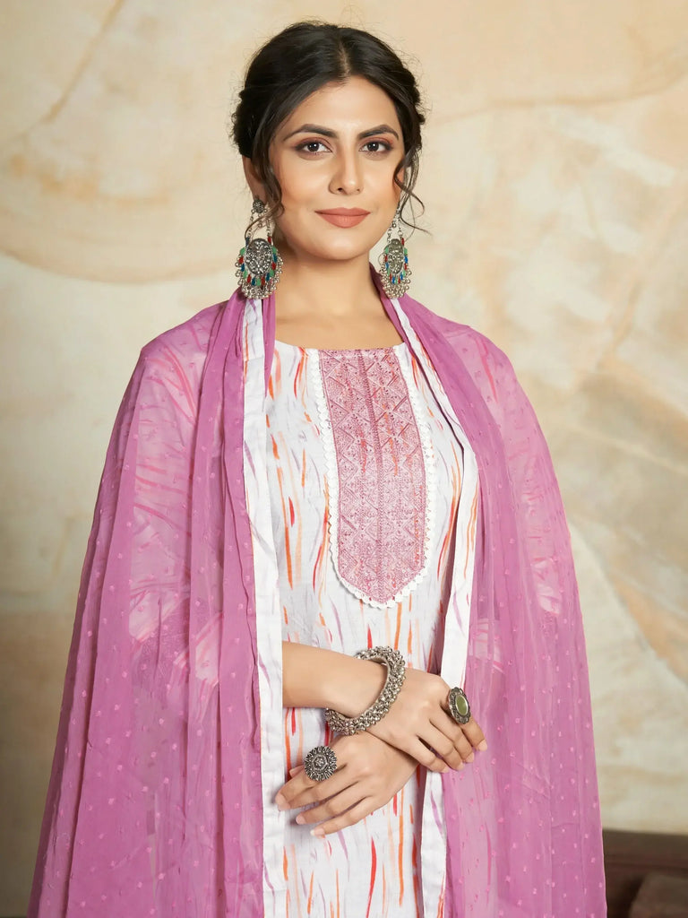 Glamorous White & Pink Digital Printed Cotton Casual Wear Pant Suit