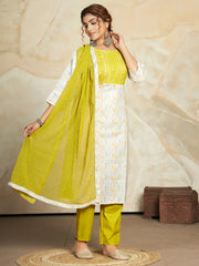 Bewitching White & Yellow Digital Printed Cotton Pant Suit With Dupatta