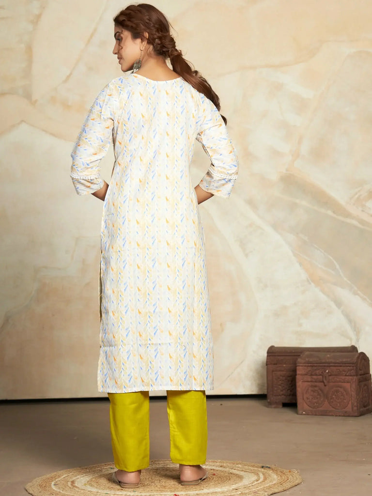 Bewitching White & Yellow Digital Printed Cotton Pant Suit With Dupatta