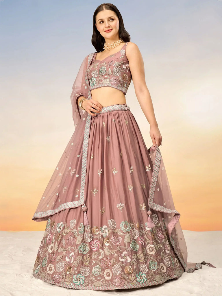 Charming Rose Gold Embroidered Georgette Wedding Lehenga Choli
