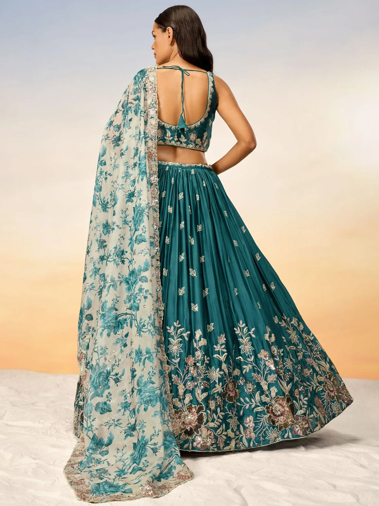 Fascinating Teal Blue Sequins Chiffon Engagement Wear Lehenga Choli