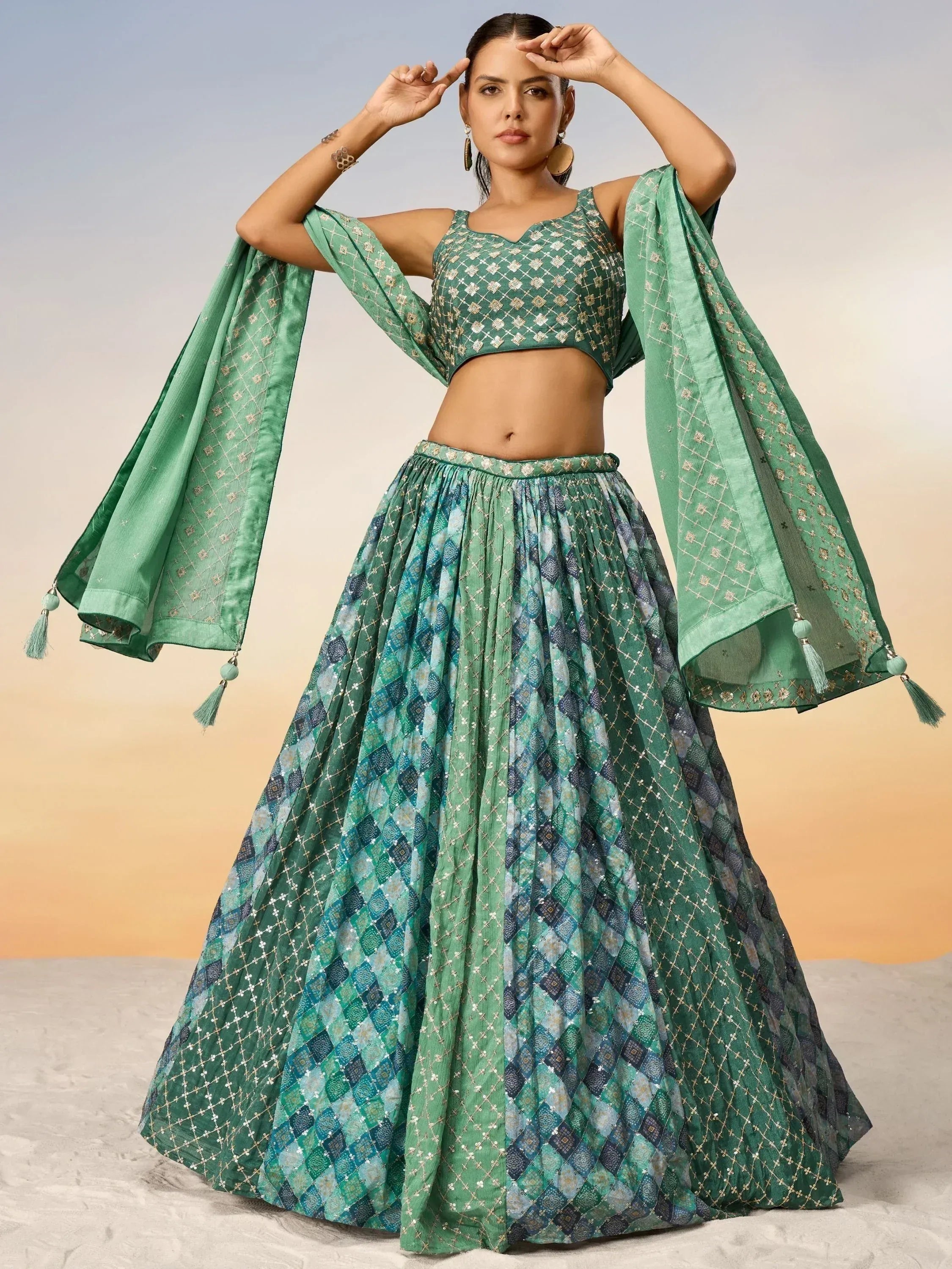 Green printed lehenga choli with sequin work and tassel dupatta, ethnic Indian wear