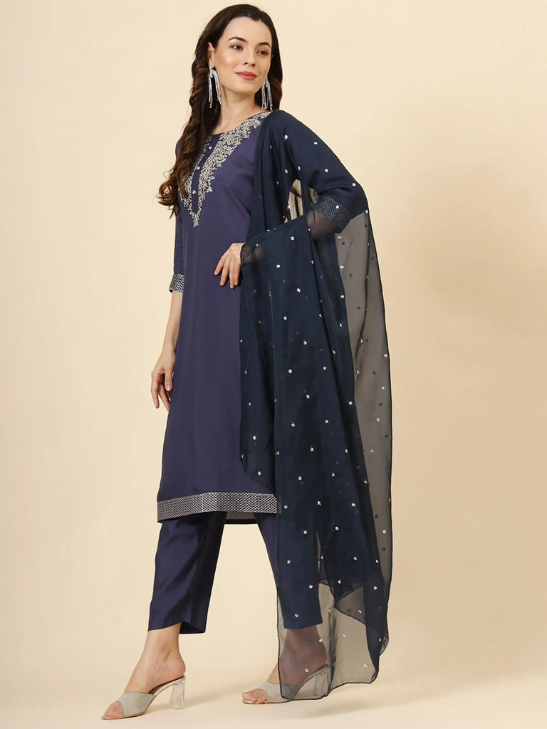 Wonderful Navy Blue Embroidery Work Muslin Silk Event Wear Pant Suit