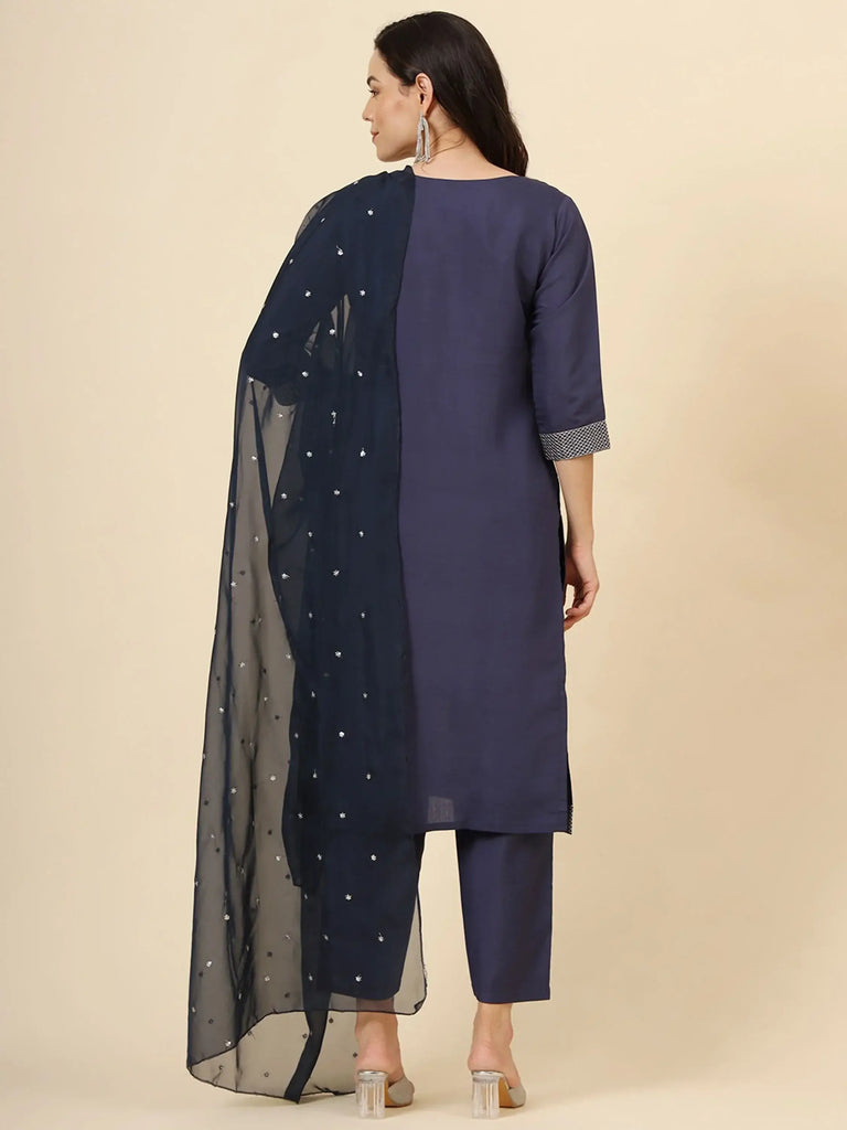 Wonderful Navy Blue Embroidery Work Muslin Silk Event Wear Pant Suit