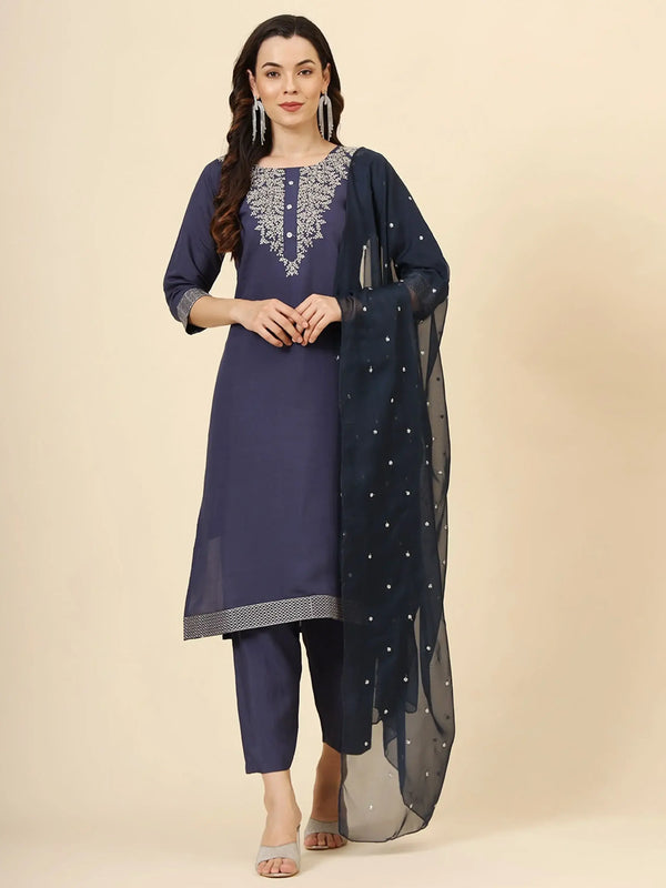 Wonderful Navy Blue Embroidery Work Muslin Silk Event Wear Pant Suit