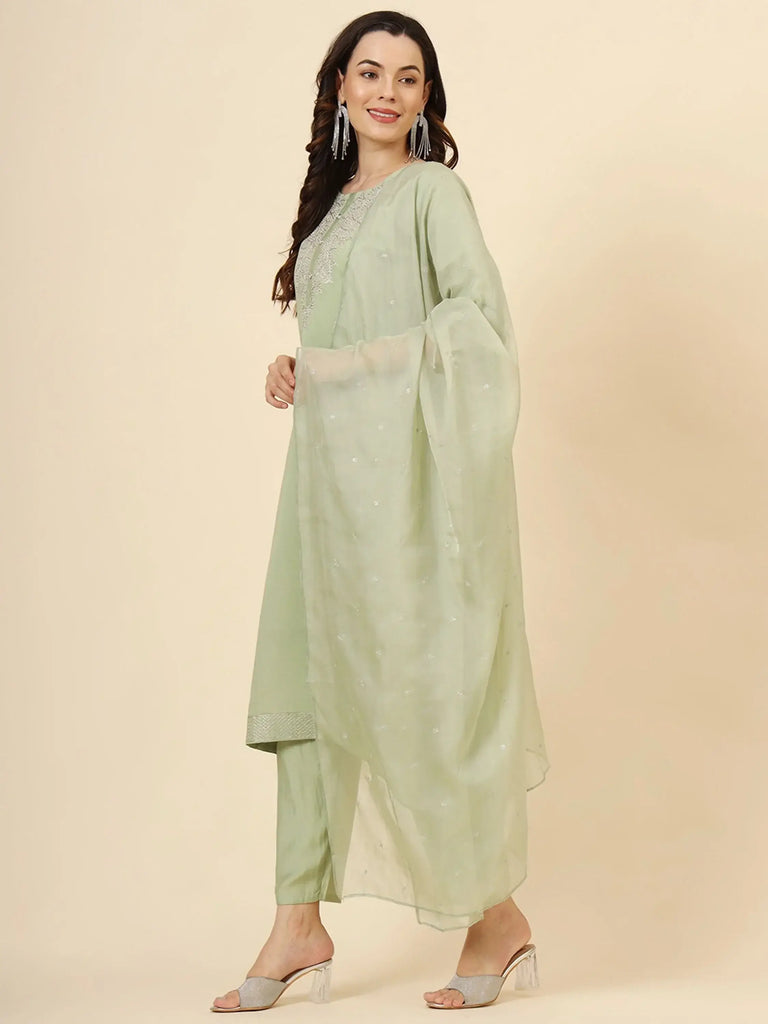 Attractive Pista Embroidery Work Muslin Silk Festival Wear Pant Suit
