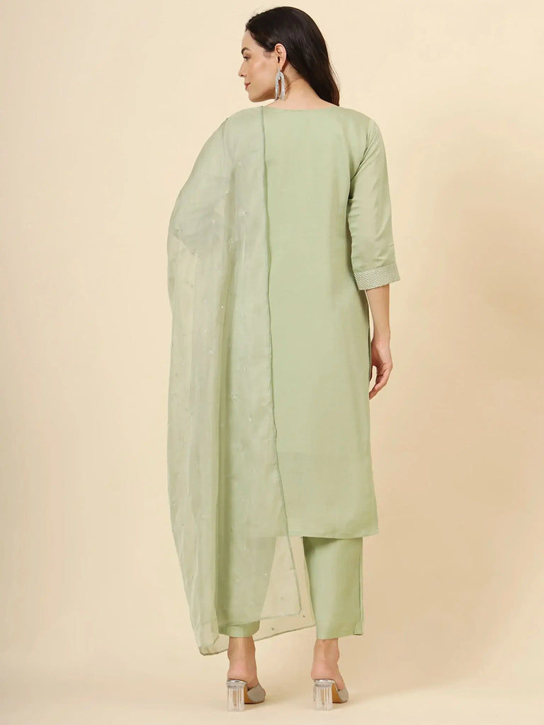 Attractive Pista Embroidery Work Muslin Silk Festival Wear Pant Suit