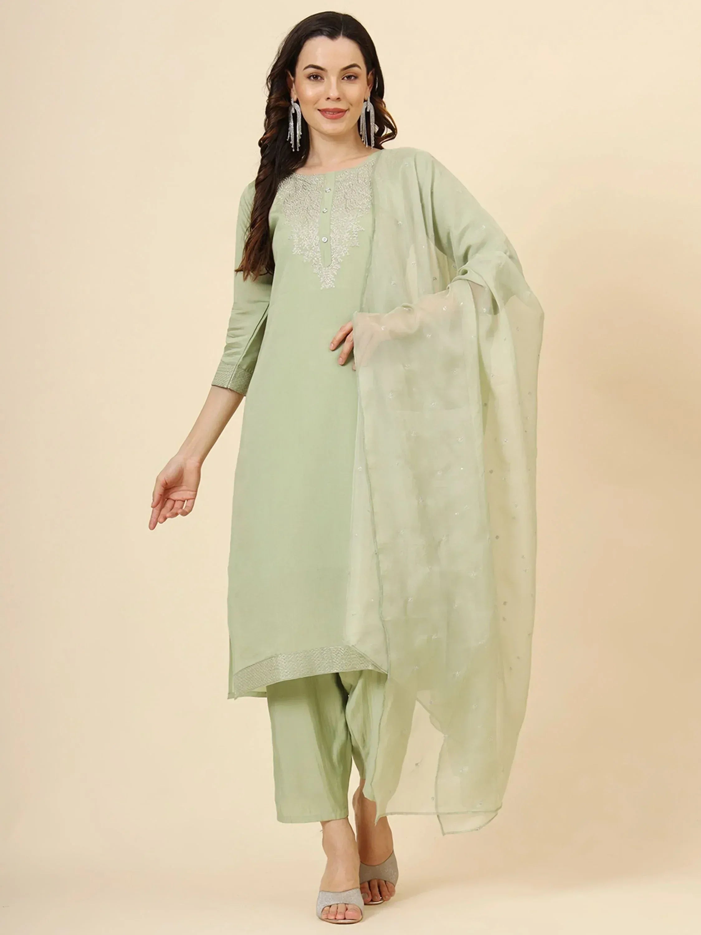 Mint green embroidered salwar kameez with sheer dupatta, Indian ethnic wear for women