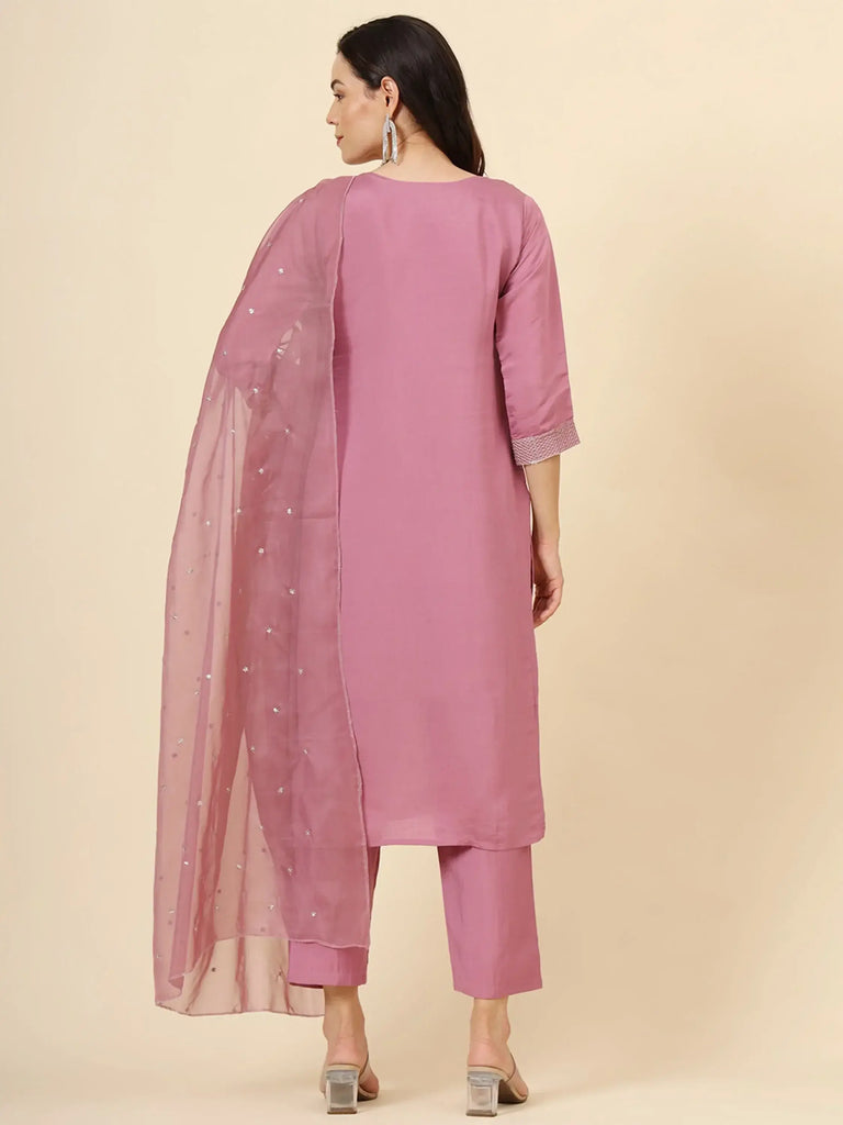 Alluring Pink Color Embroidery Work Muslin Silk Event Wear Pant Suit