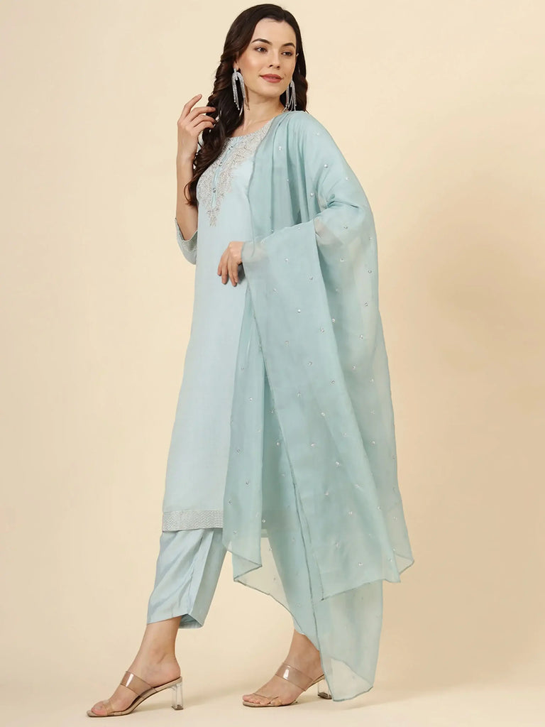 Sensual Light Blue Embroidery Work Muslin Silk Function Wear Pant Suit