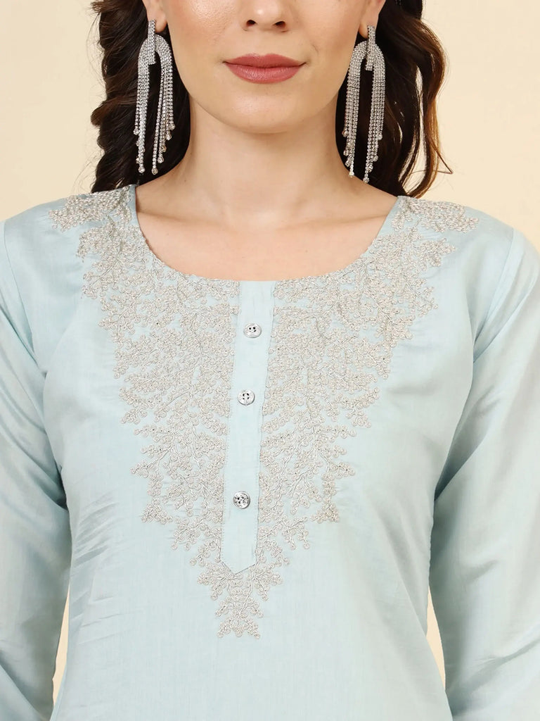 Sensual Light Blue Embroidery Work Muslin Silk Function Wear Pant Suit