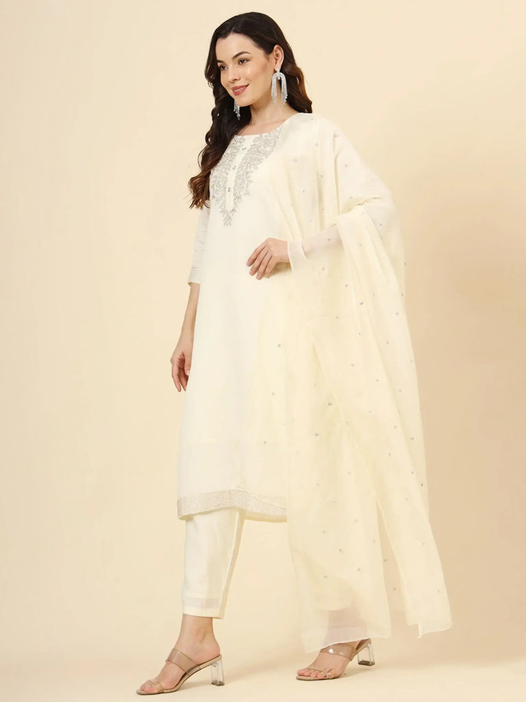 Gorgeous Cream Embroidery Work Muslin Silk Function Wear Pant Suit
