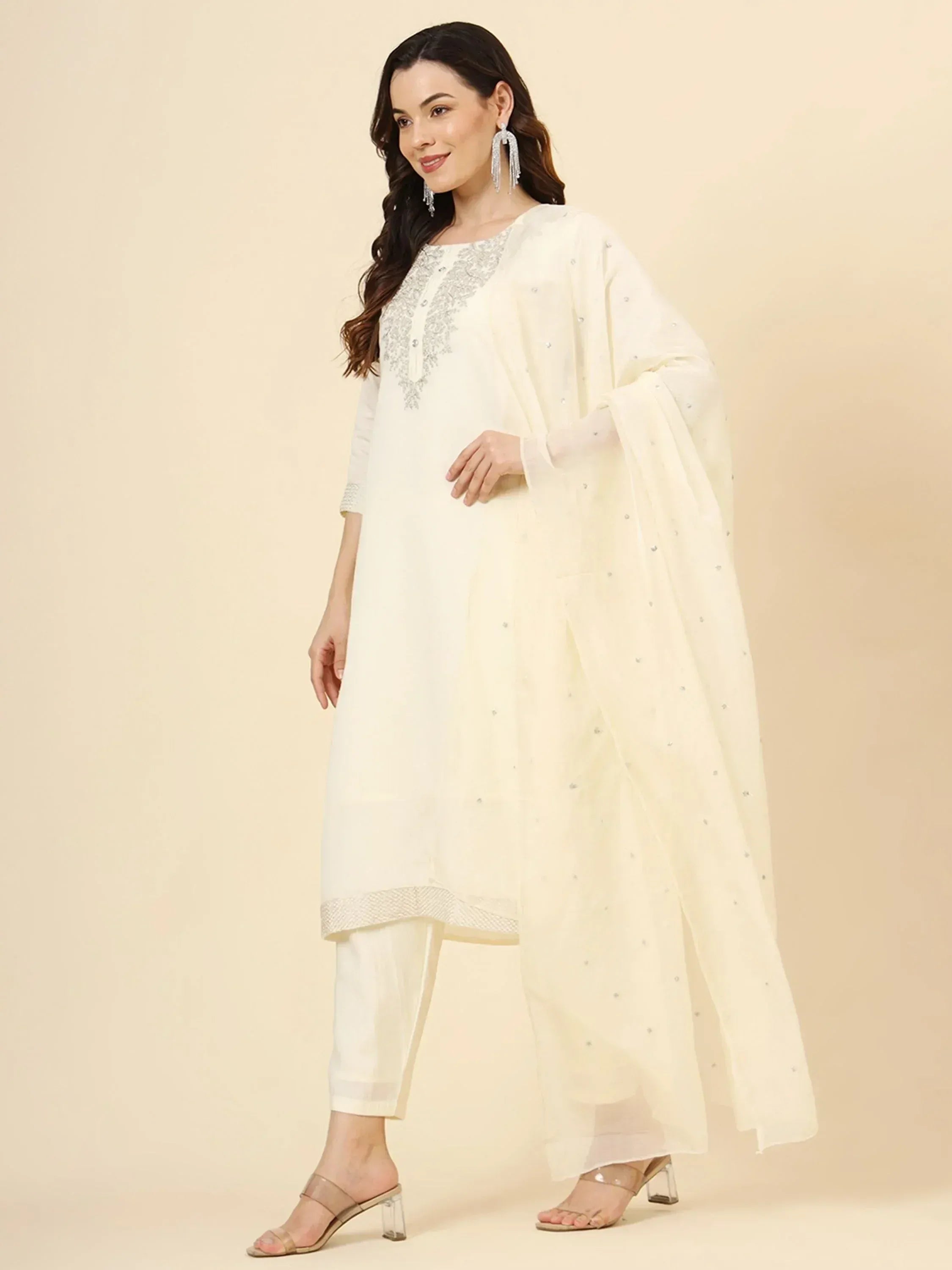 Cream embroidered salwar kameez with sheer dupatta, Indian ethnic wear for women