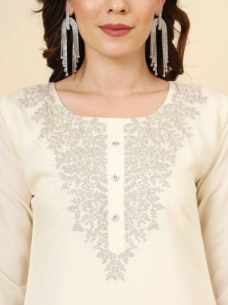 Gorgeous Cream Embroidery Work Muslin Silk Function Wear Pant Suit