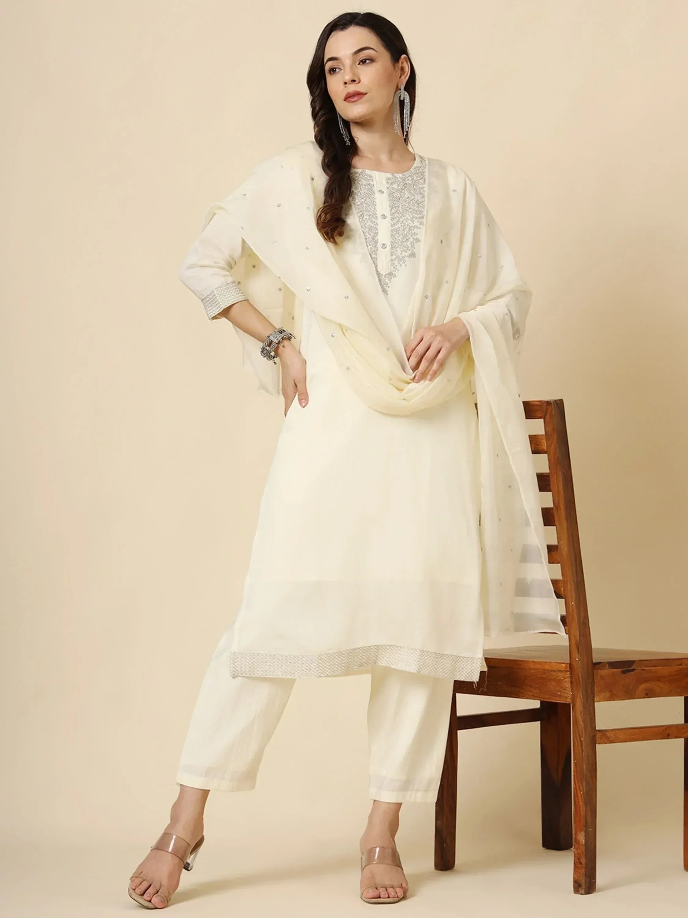 Cream embroidered salwar kameez with dupatta, Indian ethnic wear for women