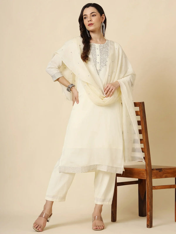 Gorgeous Cream Embroidery Work Muslin Silk Function Wear Pant Suit
