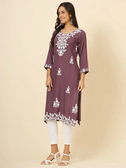 Bewitching Mauve Color Thread Embroidery Rayon Casual Wear Kurti