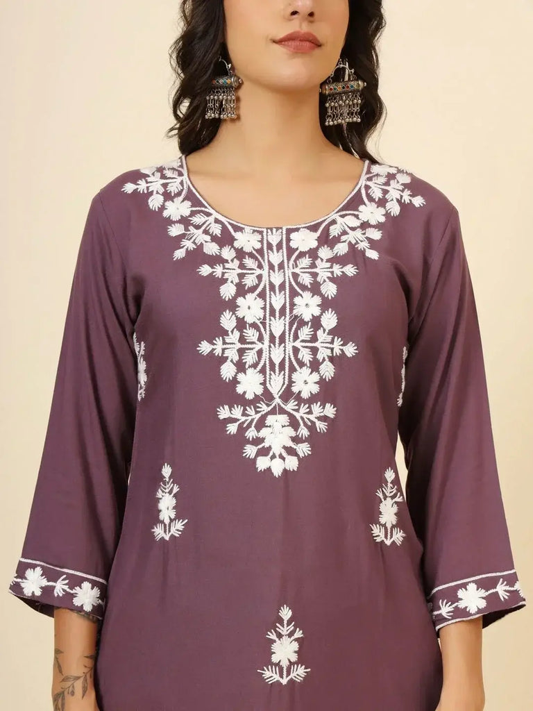 Bewitching Mauve Color Thread Embroidery Rayon Casual Wear Kurti