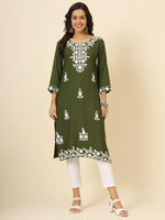 Awesome Olive Green Thread Embroidery Rayon Office Wear Kurti