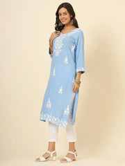 Lovely Sky Blue Color Thread Embroidery Rayon Casual Wear Kurti
