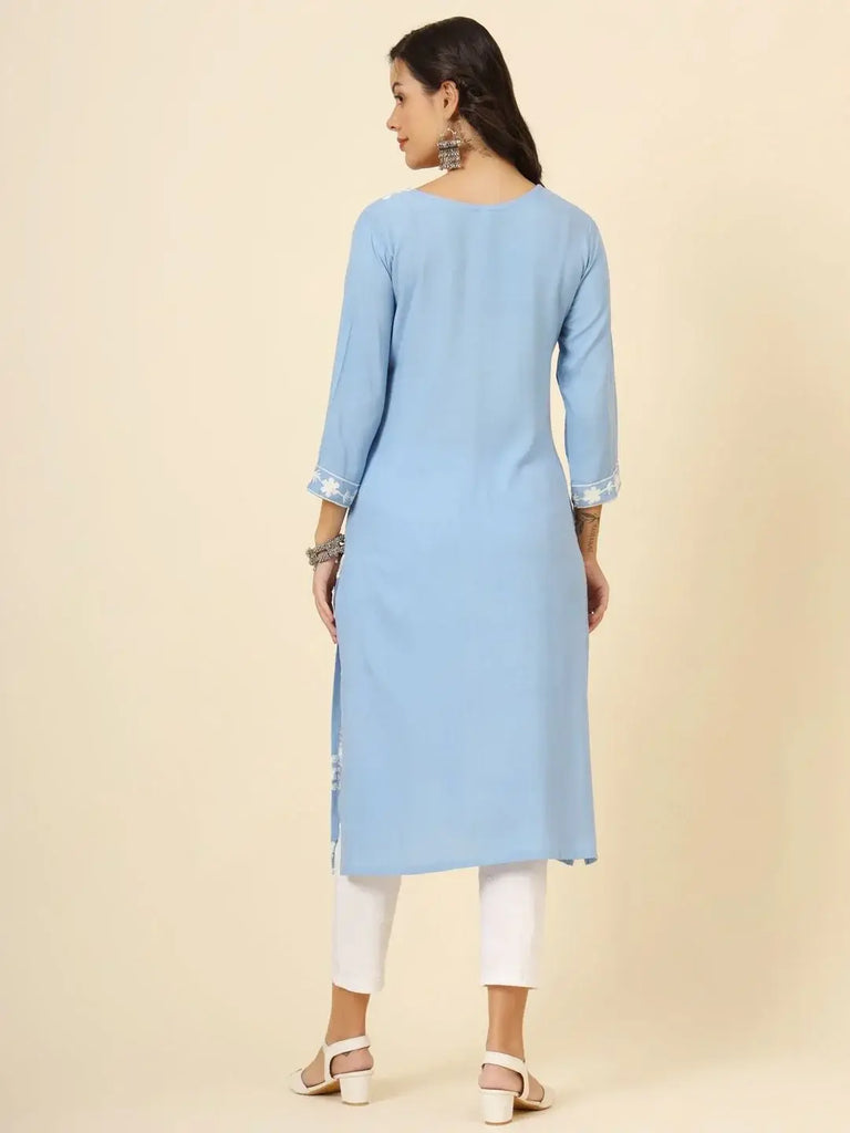 Lovely Sky Blue Color Thread Embroidery Rayon Casual Wear Kurti