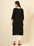Delightful Black Color Thread Embroidery Rayon Office Wear Kurti