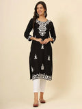 Delightful Black Color Thread Embroidery Rayon Office Wear Kurti