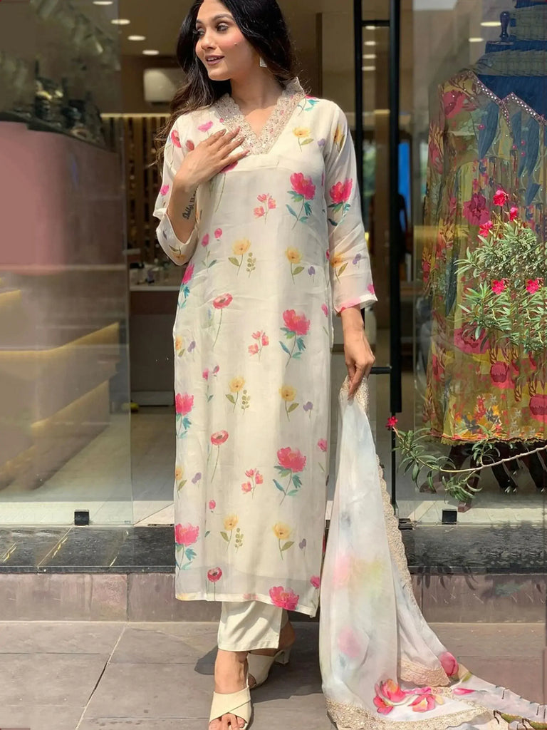 Tantalizing Off-White Floral Printed Event Wear Pant Suit With Dupatta
