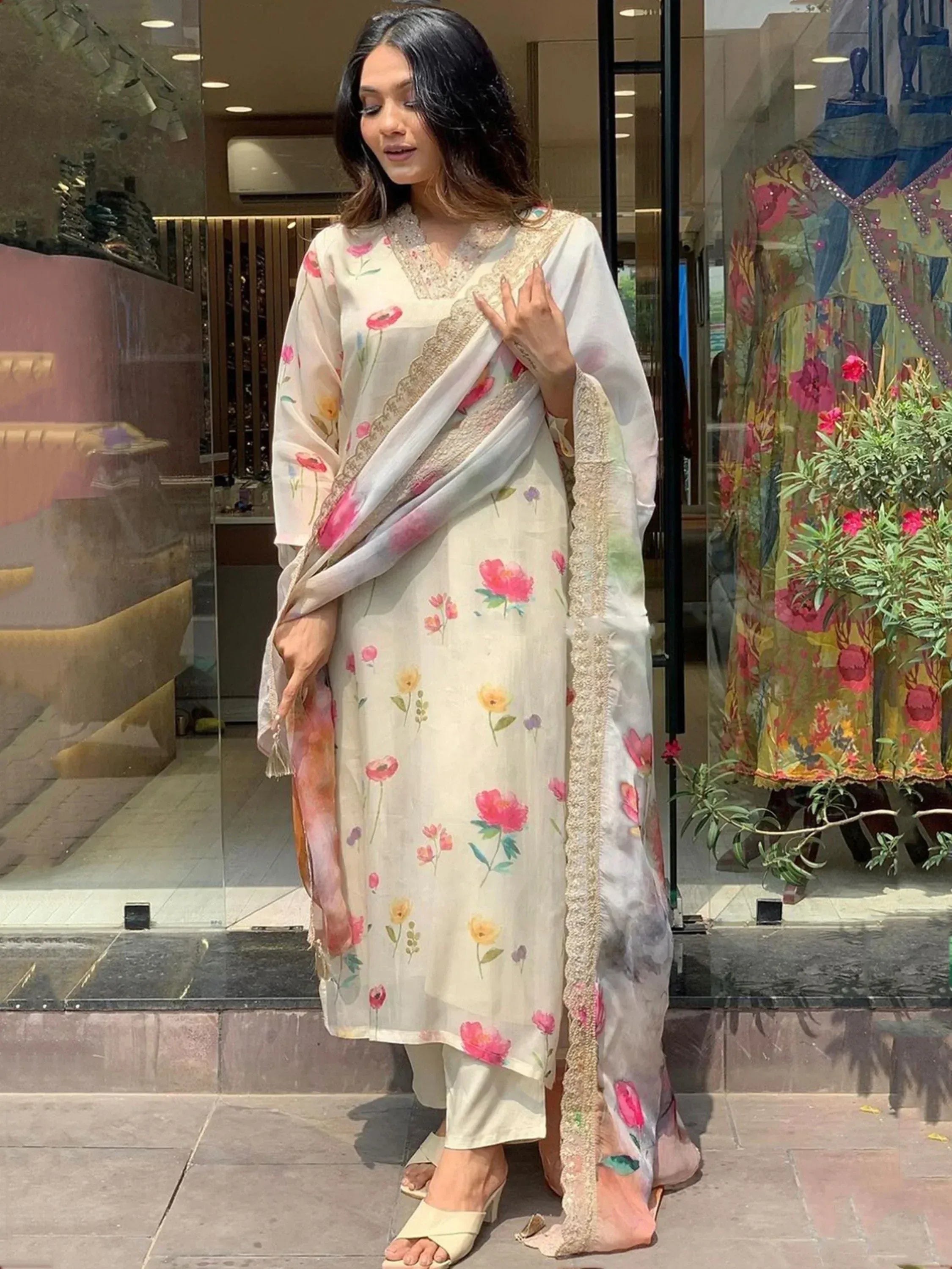 Floral printed ethnic salwar kameez with lace detailing, perfect for Indian festive wear