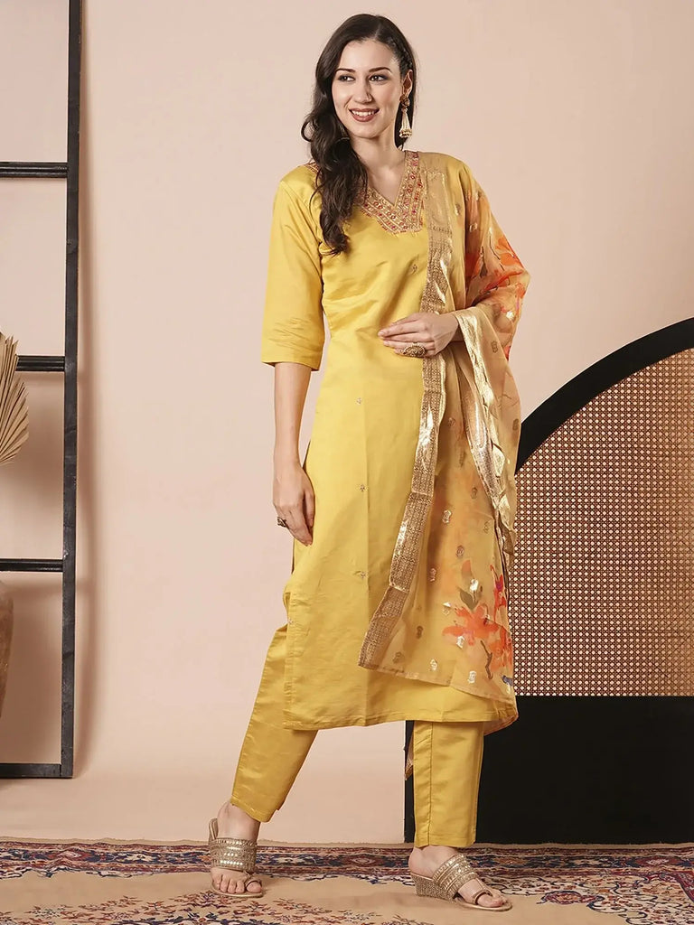 Amazing Yellow Embroidered Chanderi Haldi Wear Pant Suit With Dupatta
