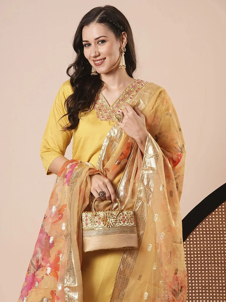 Amazing Yellow Embroidered Chanderi Haldi Wear Pant Suit With Dupatta