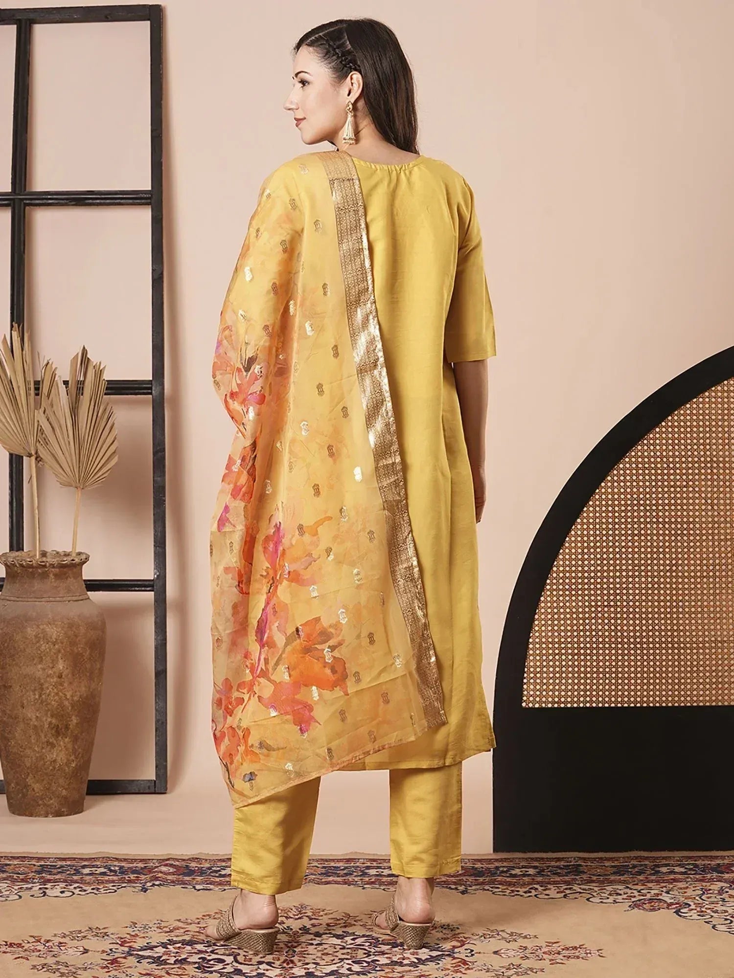 Yellow floral printed salwar kameez with gold border dupatta, ethnic Indian wear for women