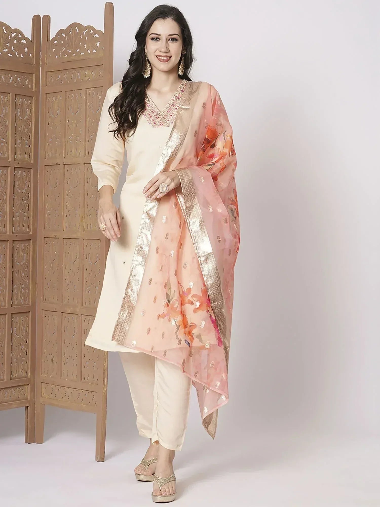 Cream salwar kameez with floral dupatta, ethnic Indian wear for women