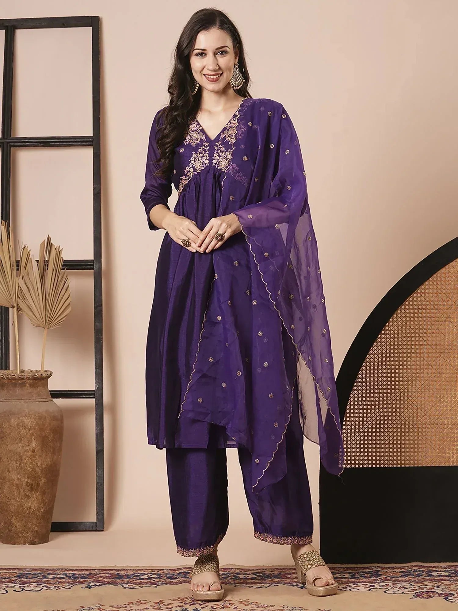 Purple embroidered salwar kameez with matching dupatta, Indian ethnic wear for women