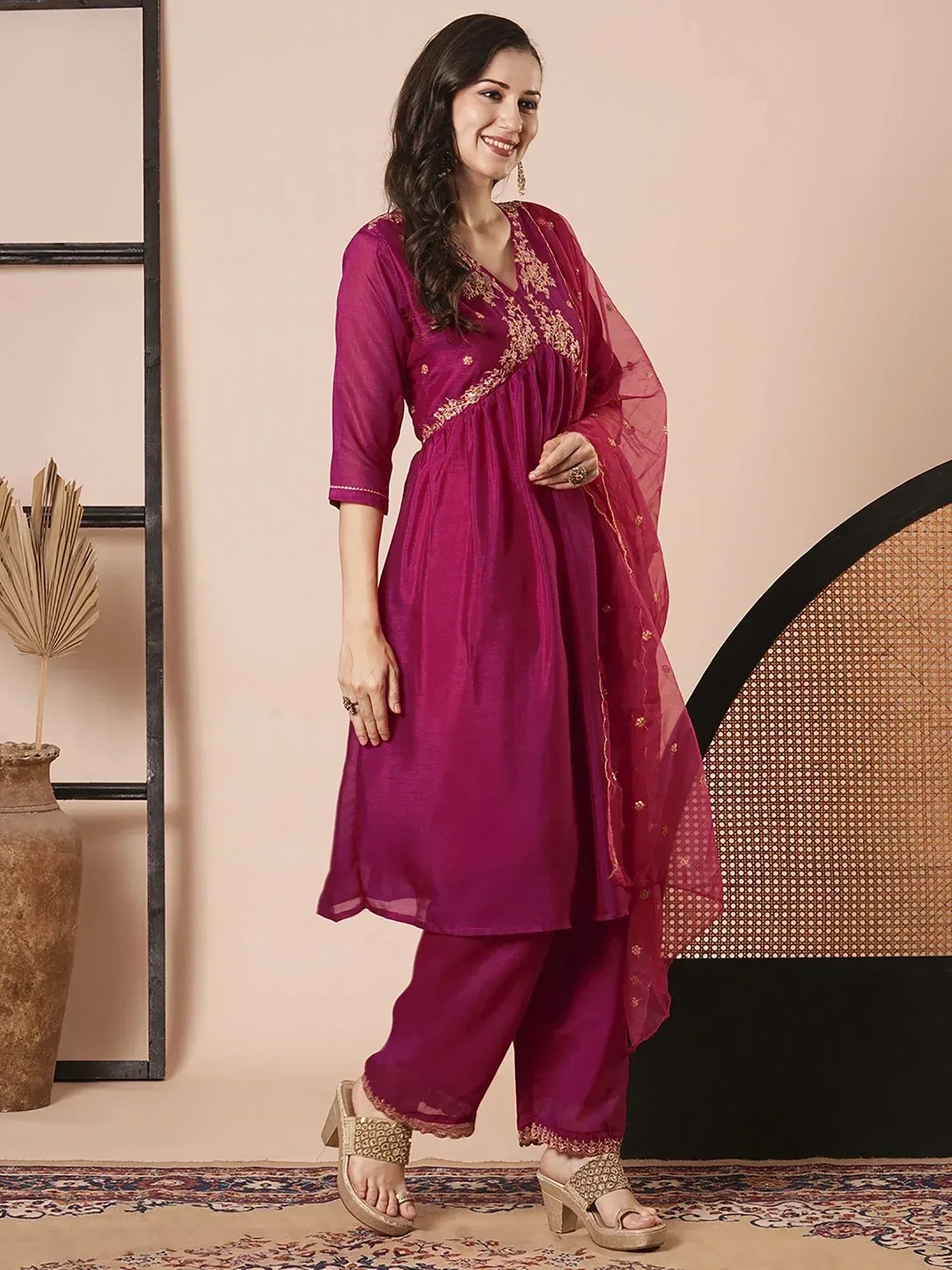Purple embroidered salwar kameez with matching dupatta, ethnic Indian wear for women