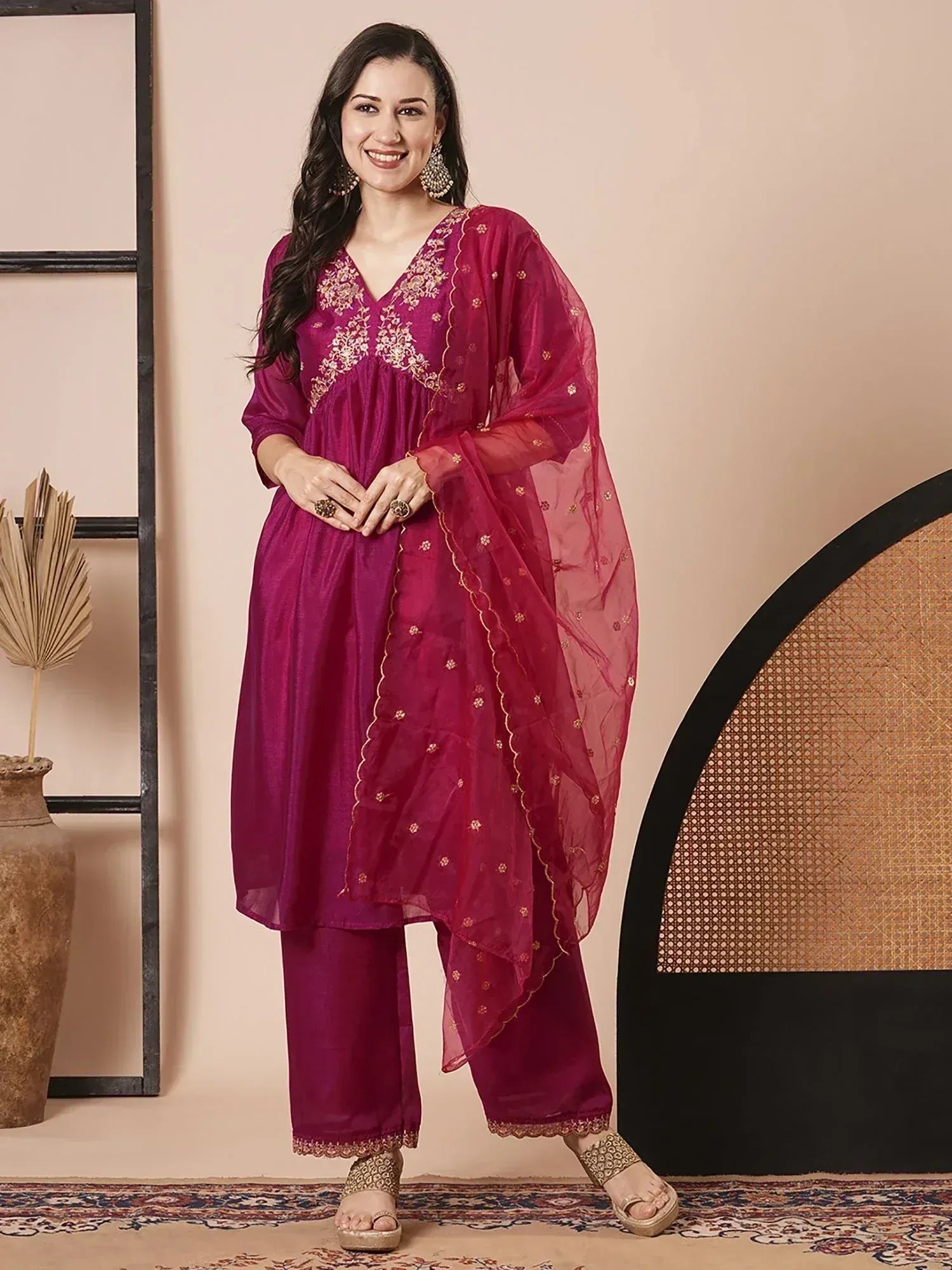 Purple embroidered salwar kameez with matching dupatta, ethnic Indian wear for women