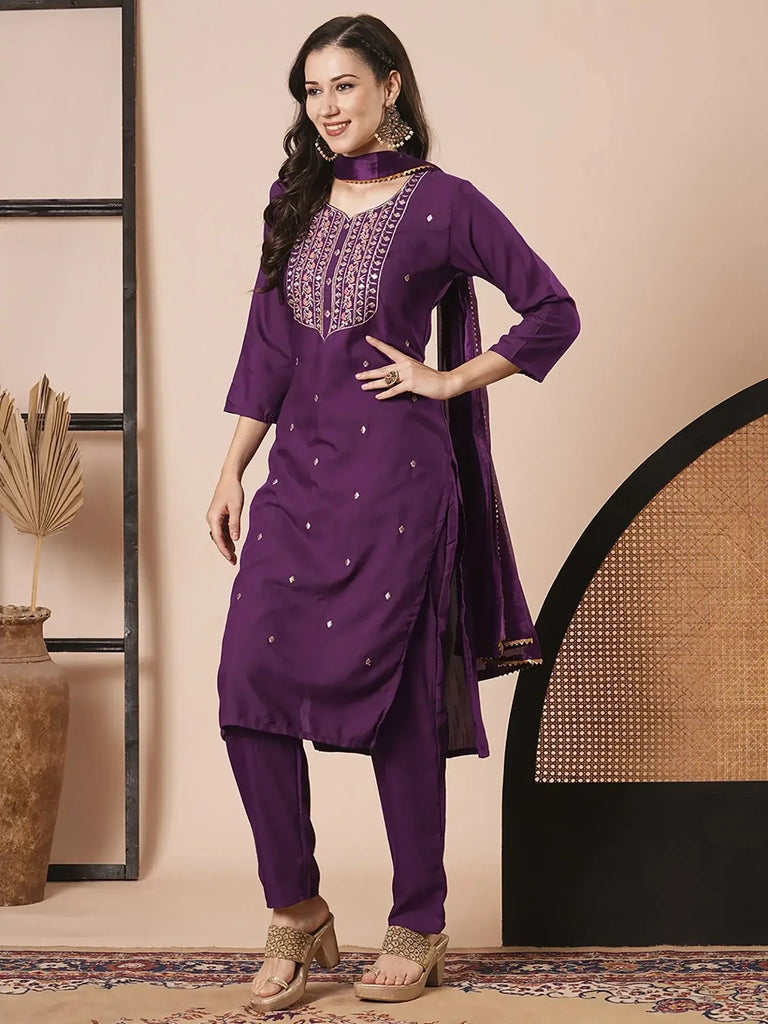 Great Purple Embroidered Rayon Readymade Pant Suit With Dupatta