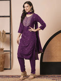 Great Purple Embroidered Rayon Readymade Pant Suit With Dupatta