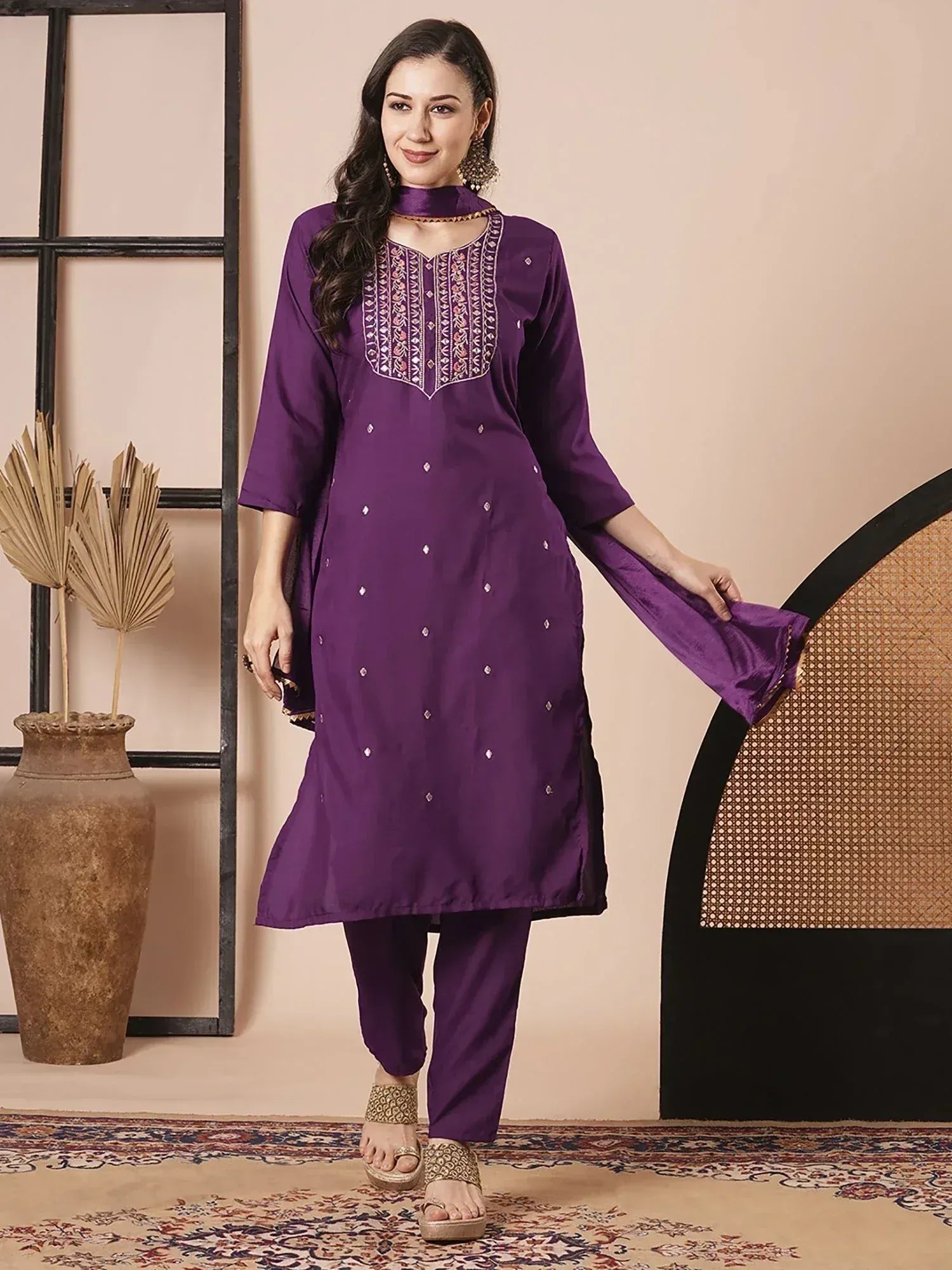 Purple embroidered kurti with matching pants and dupatta, ethnic Indian wear for women