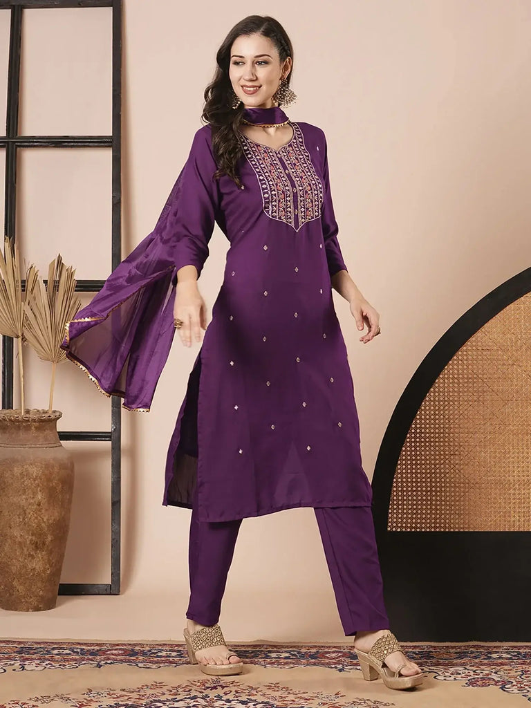 Great Purple Embroidered Rayon Readymade Pant Suit With Dupatta