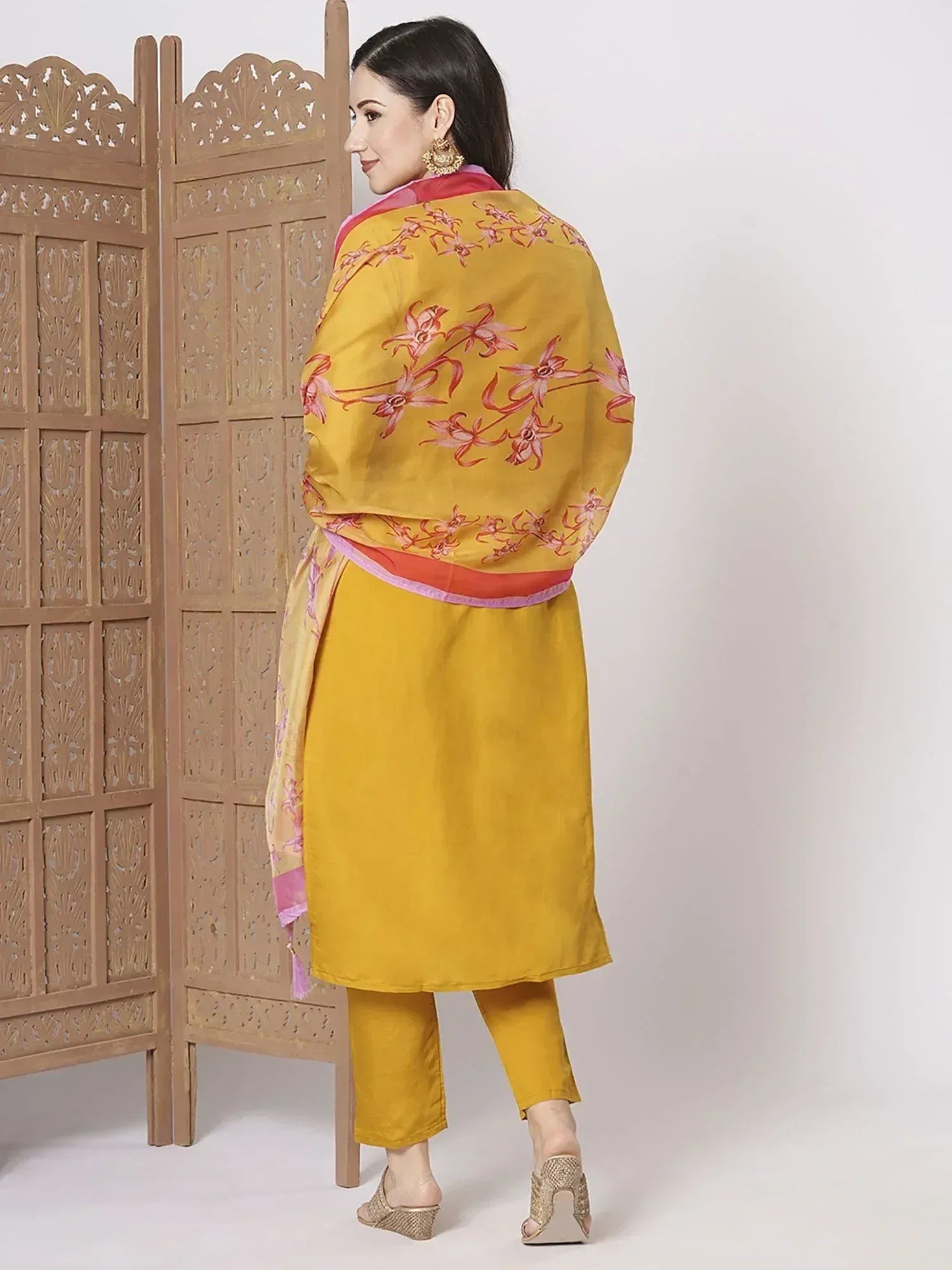 Yellow salwar kameez with floral dupatta, ethnic Indian wear for women
